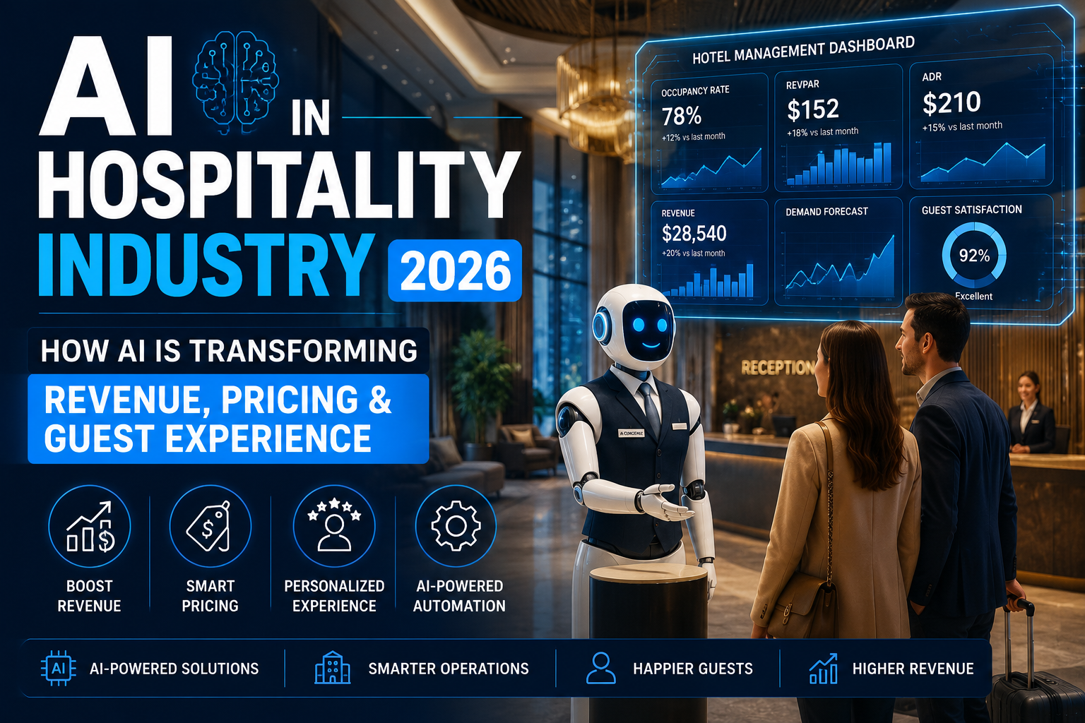 Futuristic hotel lobby with AI robot concierge, smart hotel dashboard, and guests using AI-powered hospitality technology in 2026.
