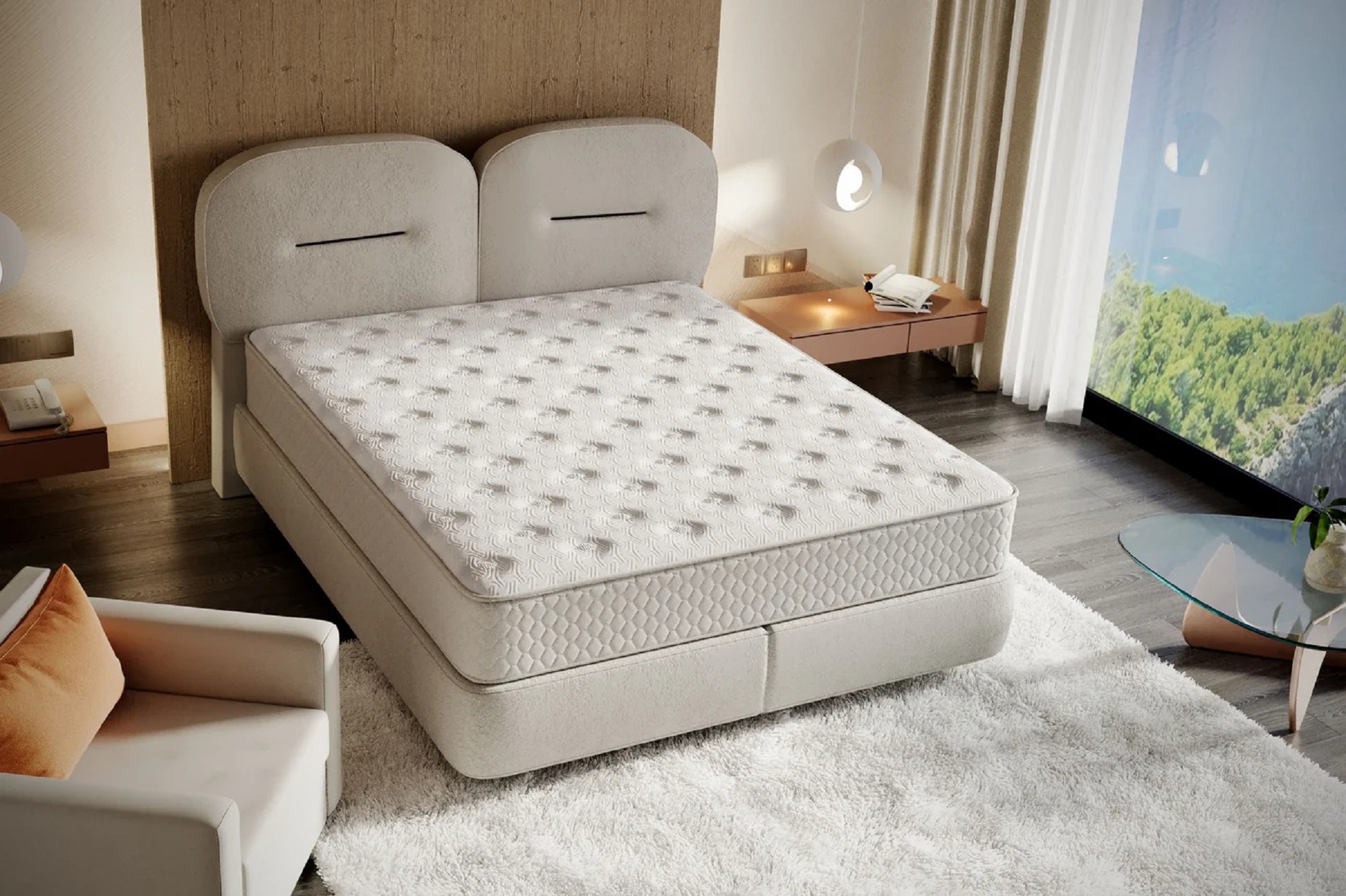 Hotel bed frame manufacturing in factory setting with wooden and metal frames